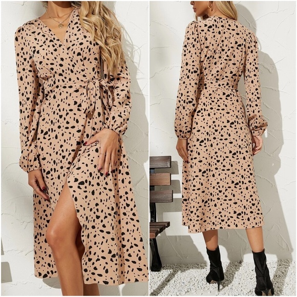 Boho Leopard Print Bishop Sleeve Wrap Dress - Picture 10 of 11